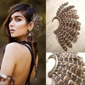 Big Feather Leopard Ear Cuff Gold Clip